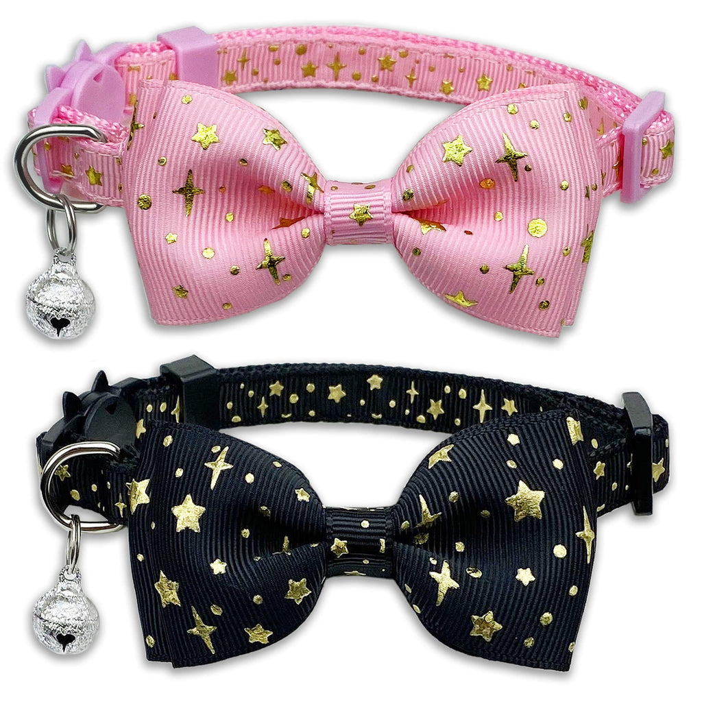 2 Pack Cat Collar with Bow Tie and Bell, Kitty Kitten Starshine Collar Breakaway Collar for Males Females Boys and Girls Cats Starshine Pink / Black - PawsPlanet Australia