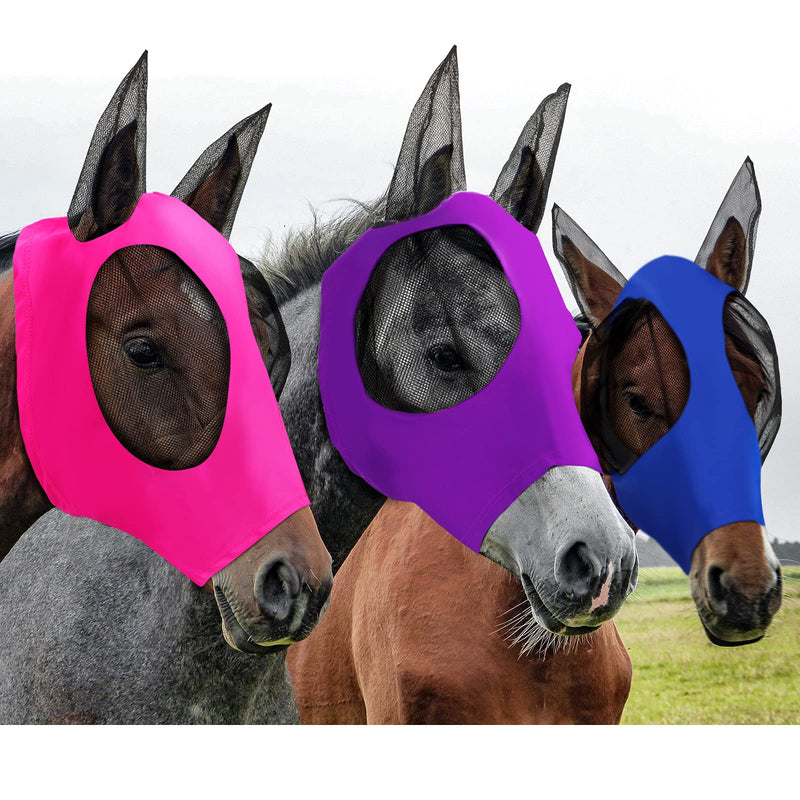 3 Pieces Horse Fly Mask Horse Mask with Ears Smooth and Elasticity Fly Mask with UV Protection, 3 Colors (L, Purple, Royal Blue, Pink) L - PawsPlanet Australia