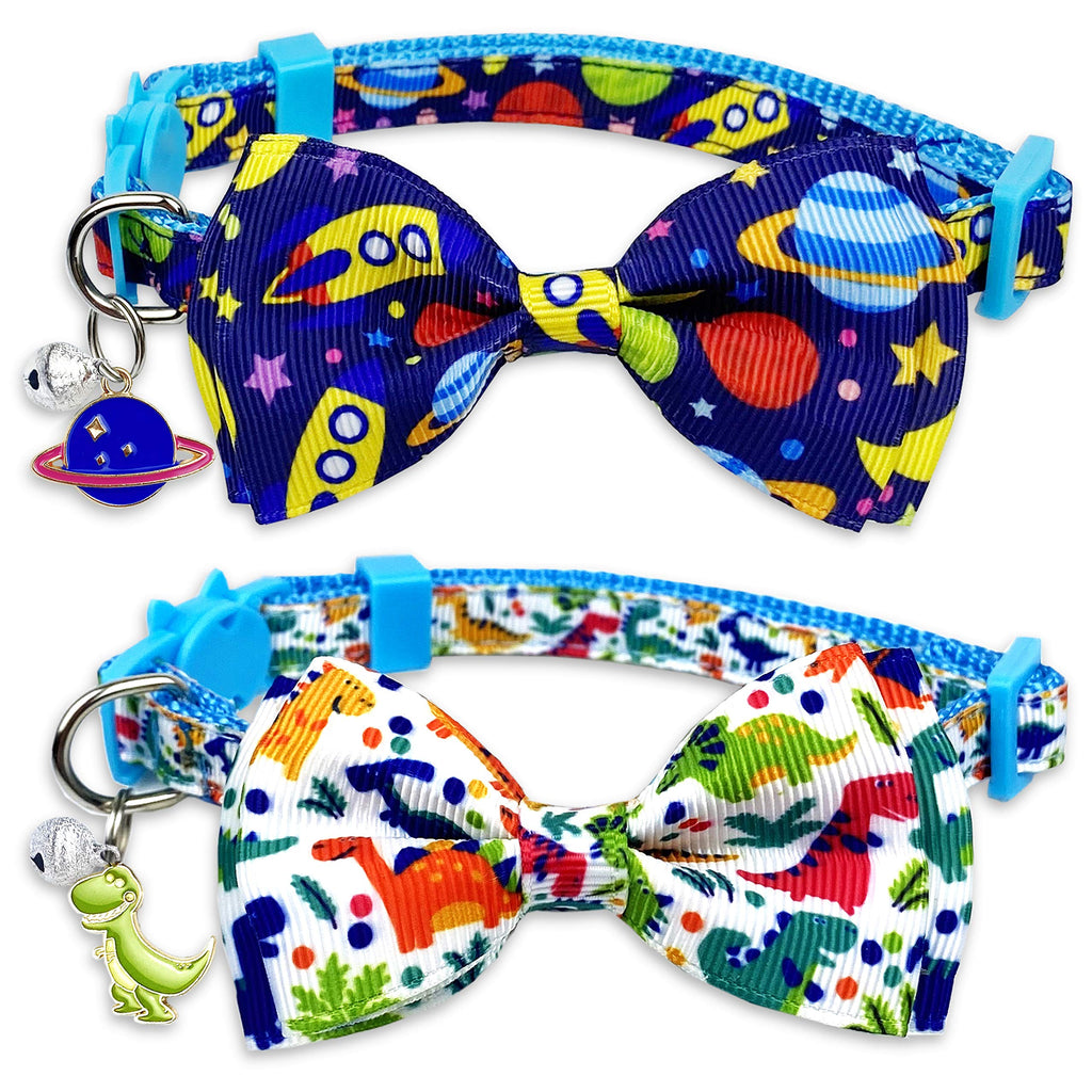 Pohshido 2 Pack Cat Collar with Bow Tie and Bell, Kitty Kitten Space and Dinasour Breakaway Collar for Males Females Boys and Girls Cats Spaceship / Dinosaur - PawsPlanet Australia