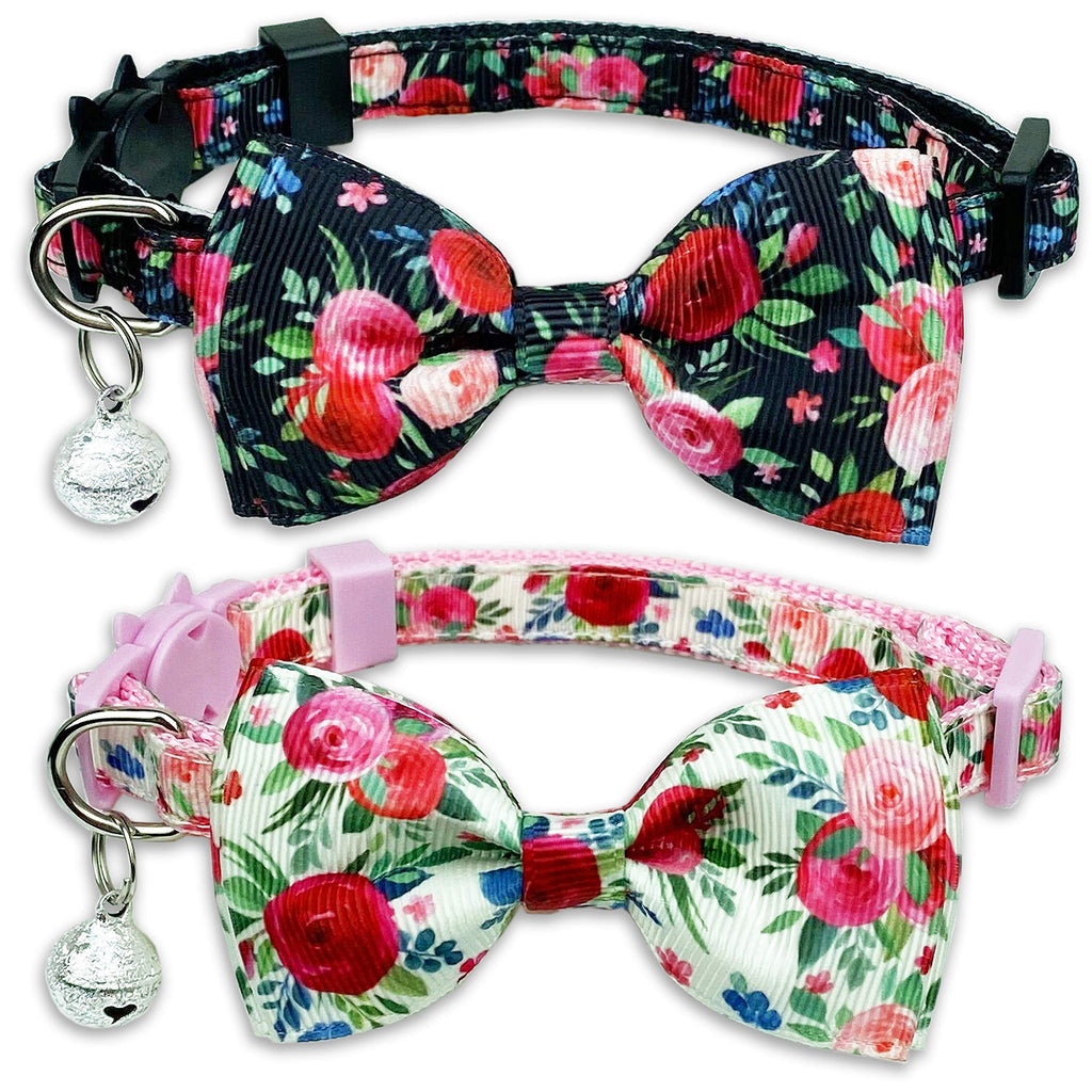 Pohshido 2 Pack Cat Collar with Bow Tie and Bell, Kitty Kitten Floral Rose Breakaway Collar for Males Females Boys and Girls Cats Rose Garden Black / Blush Pink - PawsPlanet Australia