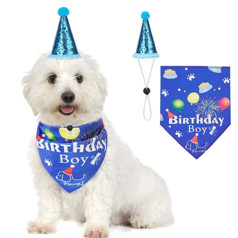 CUTEFURRY Boy Dog Birthday Bandana and Hat Set, Soft Breathable Birthday Triangle Scarf and Cute Party Hat, Excellent Birthday Gift for Small Medium Dogs, Puppies Blue - PawsPlanet Australia