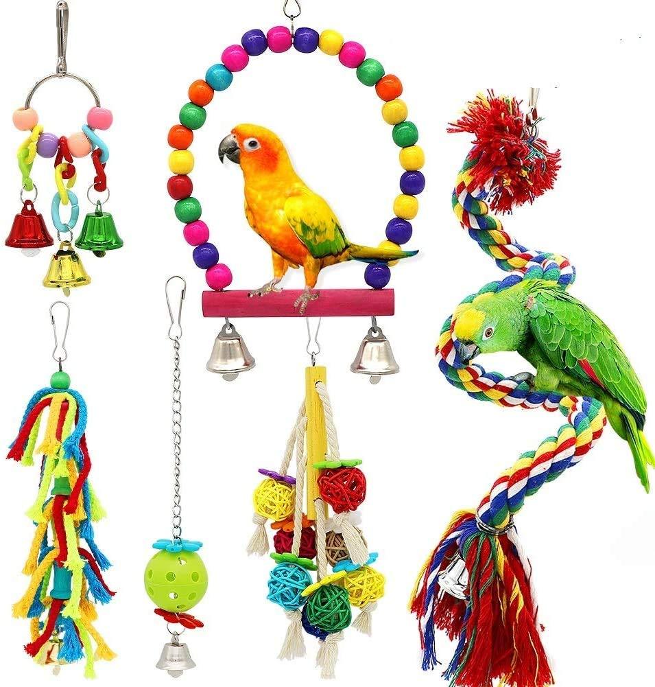 Dofyou 6pcs Bird Parrot Toys Hanging Bell Chewing Natural Wood and Rope Bungee Bird Toy for Small Parakeets Cockatiels, Conures, Macaws, Parrots, Love Birds, Finches - PawsPlanet Australia