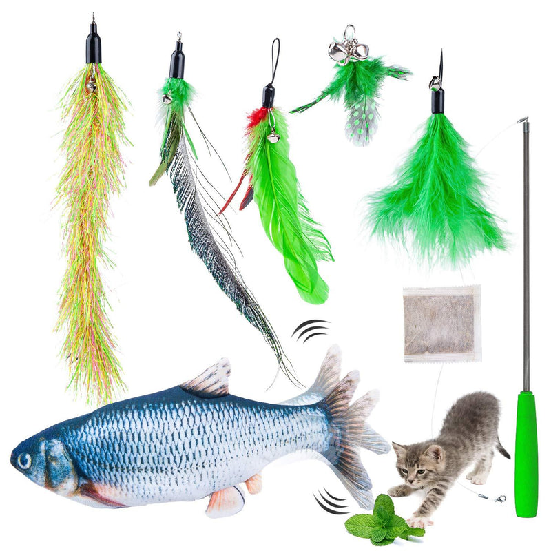 7pcs Cat Fishing Pole Feather Toy Set - Retractable Cat Teaser Wand with 5 Cat Feather Toys for Indoor Cats, Electric Flopping Fish Cat Toy with Catnip Funny Interactive Cat Toys, Gift for Pets Green - PawsPlanet Australia