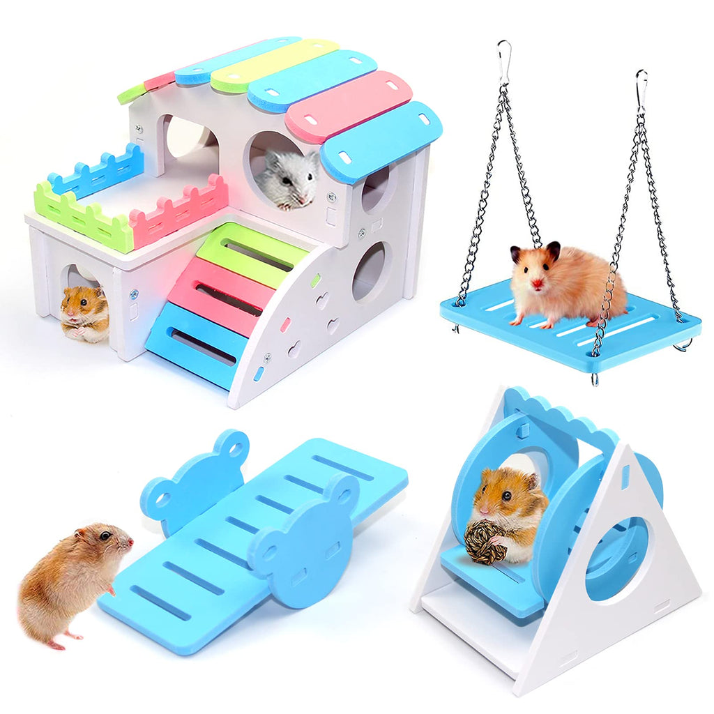 JUNBEI 4 Pcs Hamster Toys, Wooden Hamster House, Triangle Swing & Hanging Swing & Seesaw, Climb and Play Toy, Boredom Breaker Activity Toy, DIY Hamster Cage Accessories for Small Pets blue - PawsPlanet Australia