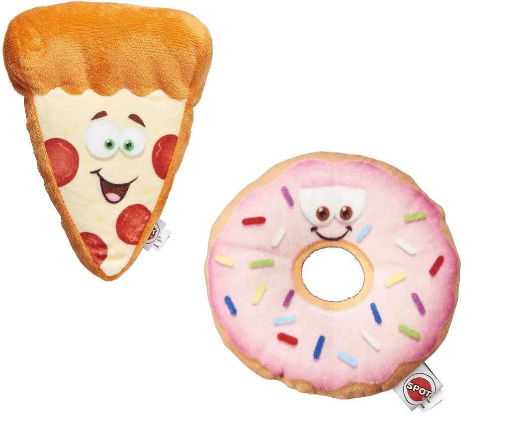 SPOT Fun Food Pizza 6.5" Plush Dog Toy & Fun Food Donut 5.25" Plush Dog Toy - PawsPlanet Australia