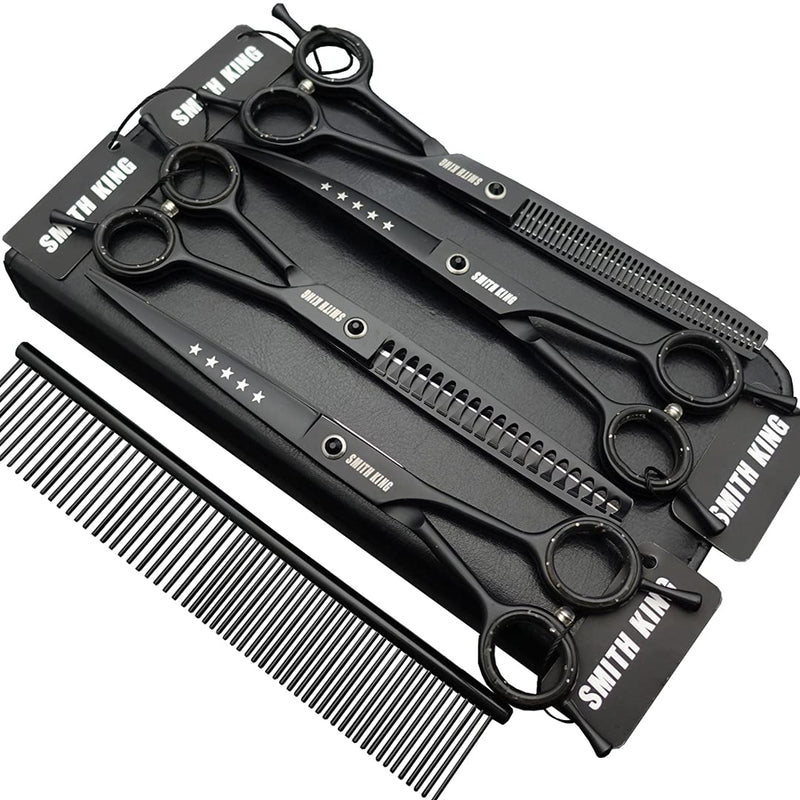 7.0 inches Professional Dog Grooming Scissors Set Straight & thinning & Curved & chunkers & comb 5pcs in 1 Set for left-handed & right handed Black - PawsPlanet Australia