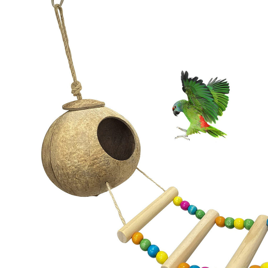 BRODUX Hanging Coconut Hanging Bird House with Ladder, Parakeet Toys Coconut Fiber Hanging Bird House Cage, Used for Small Pet Cages for Small Animals to Play and Breeding Habitat - PawsPlanet Australia