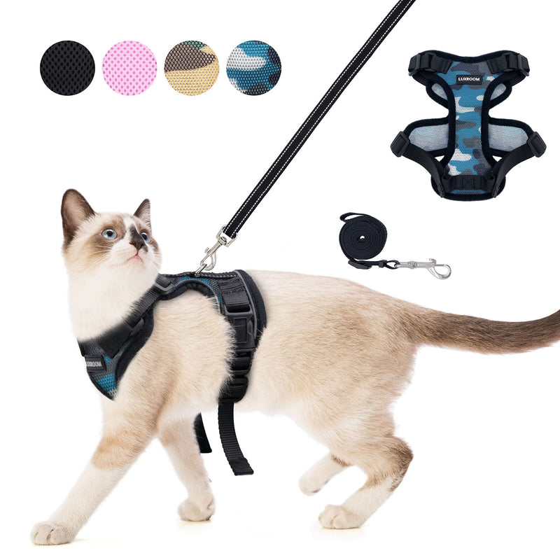 LuxRoom Cat Leash and Harness Set for Walking, Adjustable Breathable Kitten Harness and Leash with Safety Reflective Strap Blue Camo XS - PawsPlanet Australia