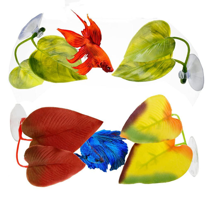 Abizoo 4pcs Betta Fish Leaf Silk Pad Bed,2pcs Plastic Betta Plants Green Color + 2 Pieces Multicolor Betta Silk Bed, Multicolor Double Leaves with Suction Cups Hammock Playing Rest Hide for Betta 4 Count (Pack of 1) - PawsPlanet Australia