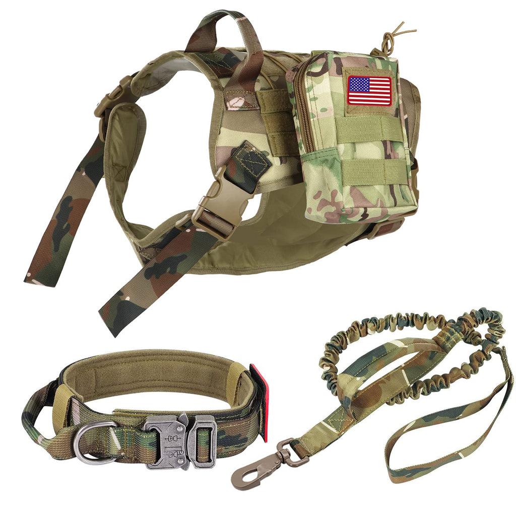 Pruk Tactical Dog Harness Set, K9 Dog Harness Military Dog Vest Collar Leash with Molle Pouch and Patch, No Pull Tactical Dog Vest for Large Dog, Service Dog Harness for Training Hiking(Camo, M) Camo M(Neck: 19"-29", Bust: 19"-27") - PawsPlanet Australia