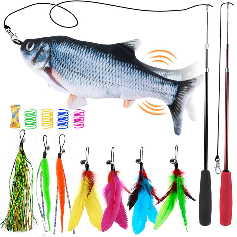 Habikoo Electric Moving Fish Cat Toys, Wiggle Floppy Fish Cat Toy, 15PCS Retractable Cat Teaser Feather Wand Toys Set, Cat Fishing Pole Toy, Kitten Toys, Interactive Cat Toys for Fun with Exercise - PawsPlanet Australia