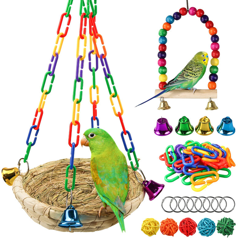 Roundler DIY Woven Straw Bird Nest,Handwoven Grass Hanging Parrot House Bird Cozy Resting Place Sleeping Bed Colorful Swing Toys for Cockatiel Parrots Parakeet Conures Finch Lovebird Cage Accessories H01 - PawsPlanet Australia