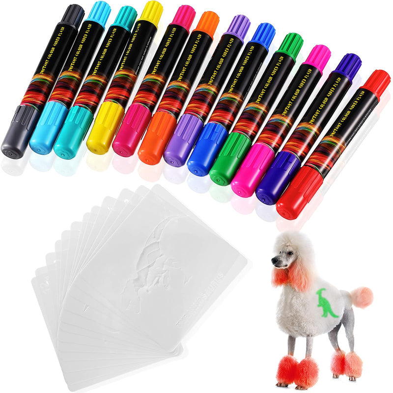 Pet Hair Dye 12 Colors for Dog Cat and 12 Pieces Dinosaur Hollow Drawing Stencils Temporary Washable Pet Fur Coloring Bright Color Pet Hair Chalk Painting Pens Non-Toxic for Creative Grooming - PawsPlanet Australia