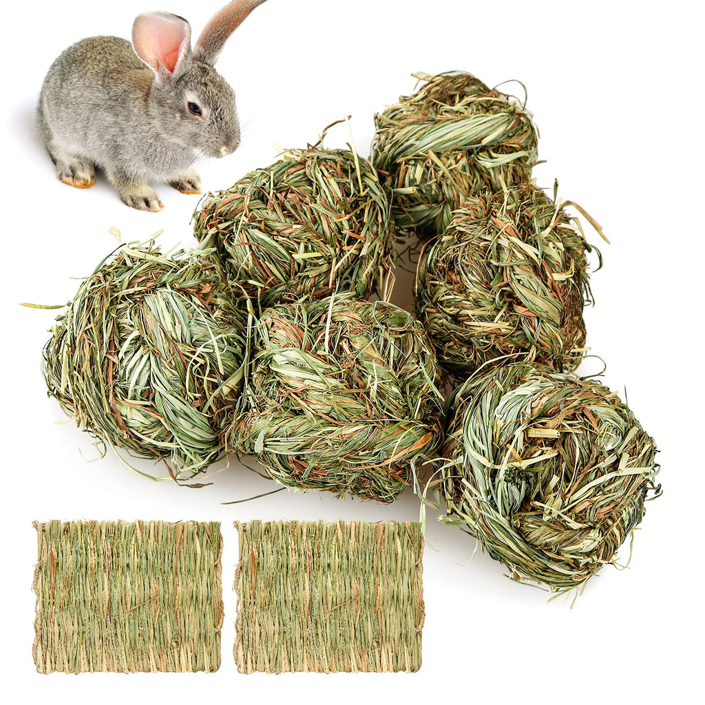 6PCS Bunny Chew Ball Toys,Rabbit Timothy Grass Grinding Gnawing Treats Rolling Ball & 2 Pcs Grass Woven Pet Mats for Bunny Rabbits Chinchilla Hamster Guinea Pigs Gerbils Activity Play Toys H01 - PawsPlanet Australia