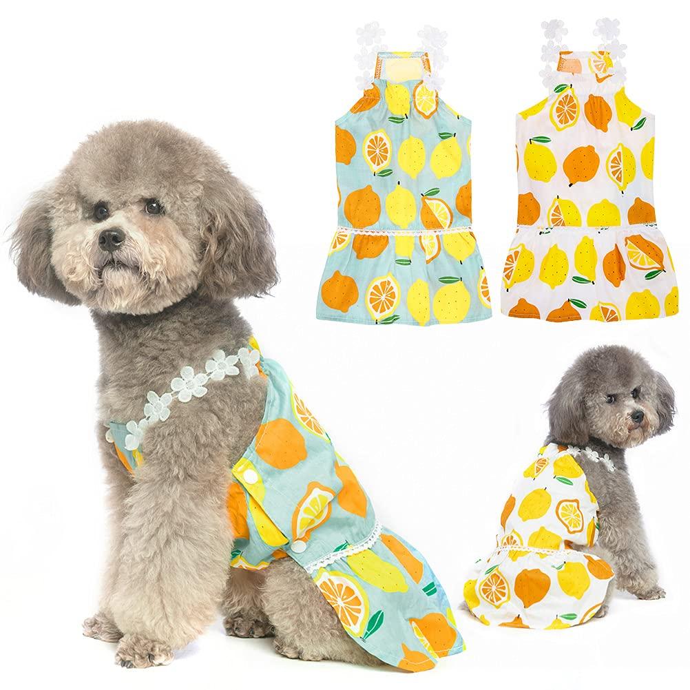 PUPTECK 2 Pack Summer Pet Dresses for Small Medium Dogs Girl, Hawaiian Dog Clothes with Cute Fashion Lemon Pattern - Soft and Lightweight Fabric, Bright S:Back: 11.5in Chest: 16in Neck: 11.5in - PawsPlanet Australia