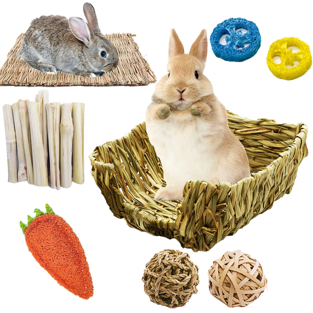 HERCOCCI Rabbit Grass Bed, 15 PCS Bunny Chew Toys with Handmade Natural Edible Hay Bed and Straw Grass Mat for Rabbit Bunny Guinea Pig Chinchilla Syrian Hamster Hedgehog to Play Sleep Eat - PawsPlanet Australia