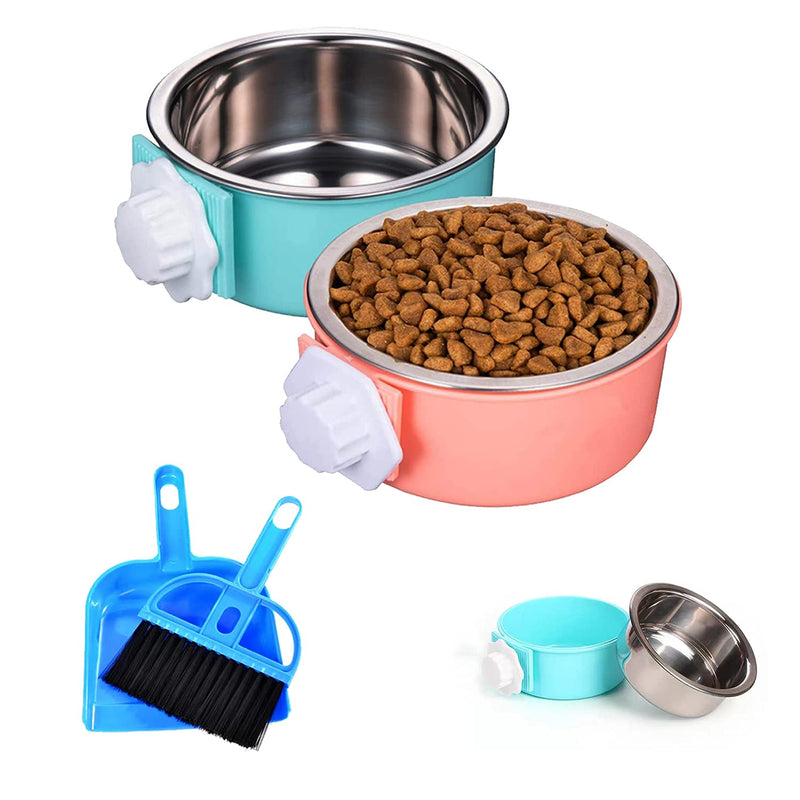 HERCOCCI 2 Pack Crate Dog Bowl, Removable Stainless Steel Pet Cage Hanging Food Bowls and Water Feeder Coop Cup with Cleaning Set (Broom and Dustpan) for Puppy, Medium Dog, Cat, Rabbit, Ferret - PawsPlanet Australia