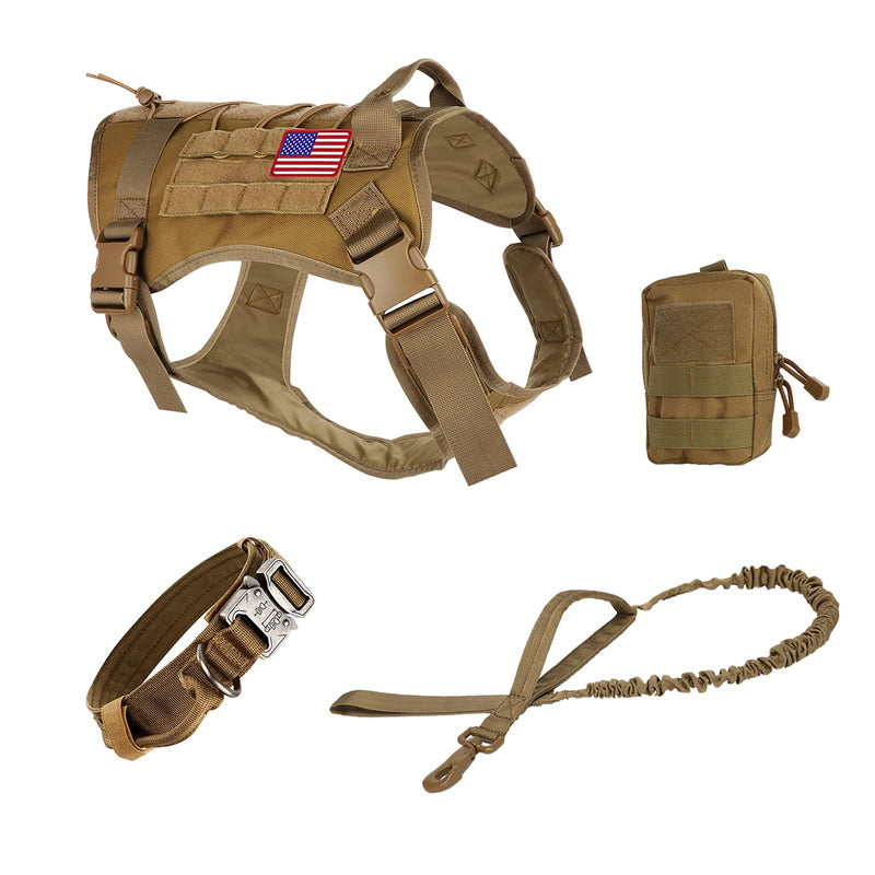 Pruk Tactical Dog Harness Set, K9 Dog Harness Military Dog Vest Collar Leash with Molle Pouch and Patch, No Pull Tactical Dog Vest for Large Dog, Service Dog Harness for Training Hiking(Khaki, M) Khaki M(Neck: 19"-29", Bust: 19"-27") - PawsPlanet Australia