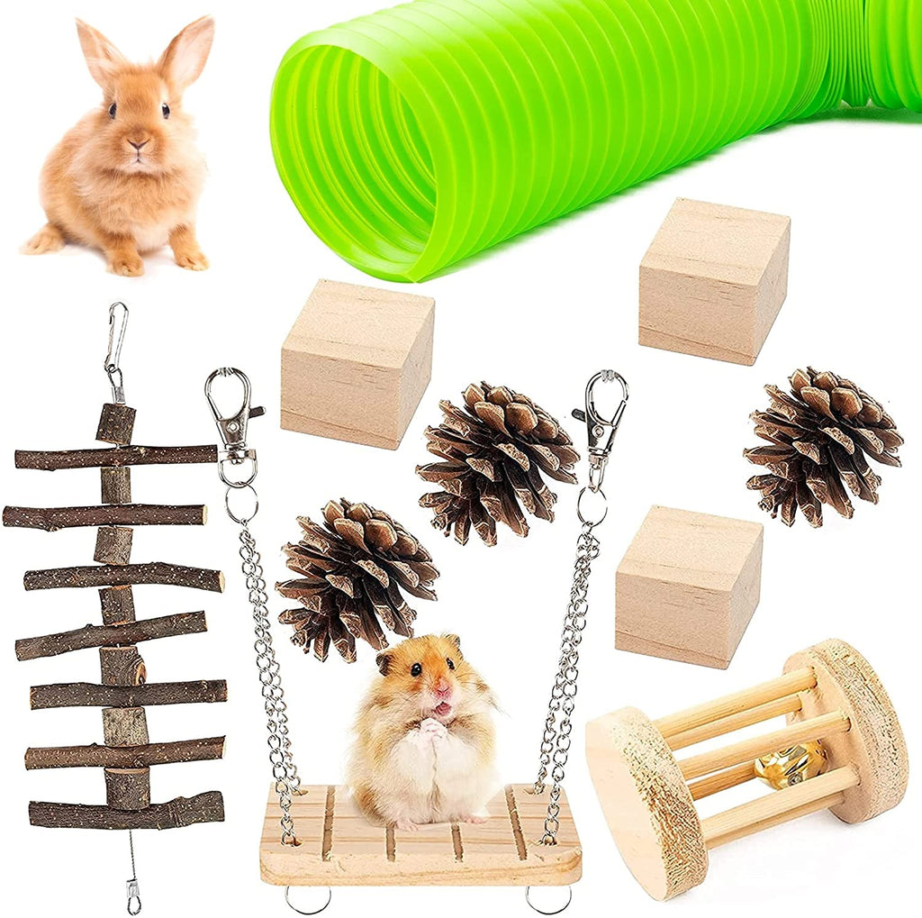 FUNPENY 10 Pack Bunny Hamsters Chew Toys Set, Natural Wooden Pine Cones Swing Tunnel Wooden Block Climbing Frame, Tunnel Wheel Supplies Molars Accessories Chinchilla Toys Ball Rat Cages - PawsPlanet Australia