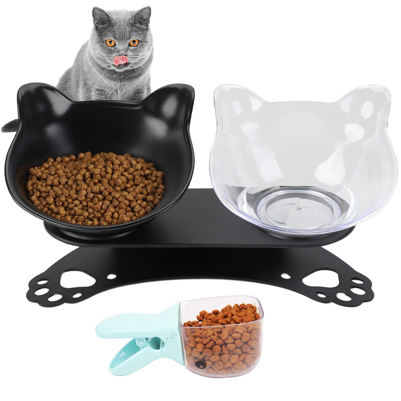 B bangcool Cat Food Bowls - Double Cat Bowls with Raised Stand 15°Tilted Cat Feeders Elevated Cat Water Bowl with Food Scoop Black & Clear - PawsPlanet Australia