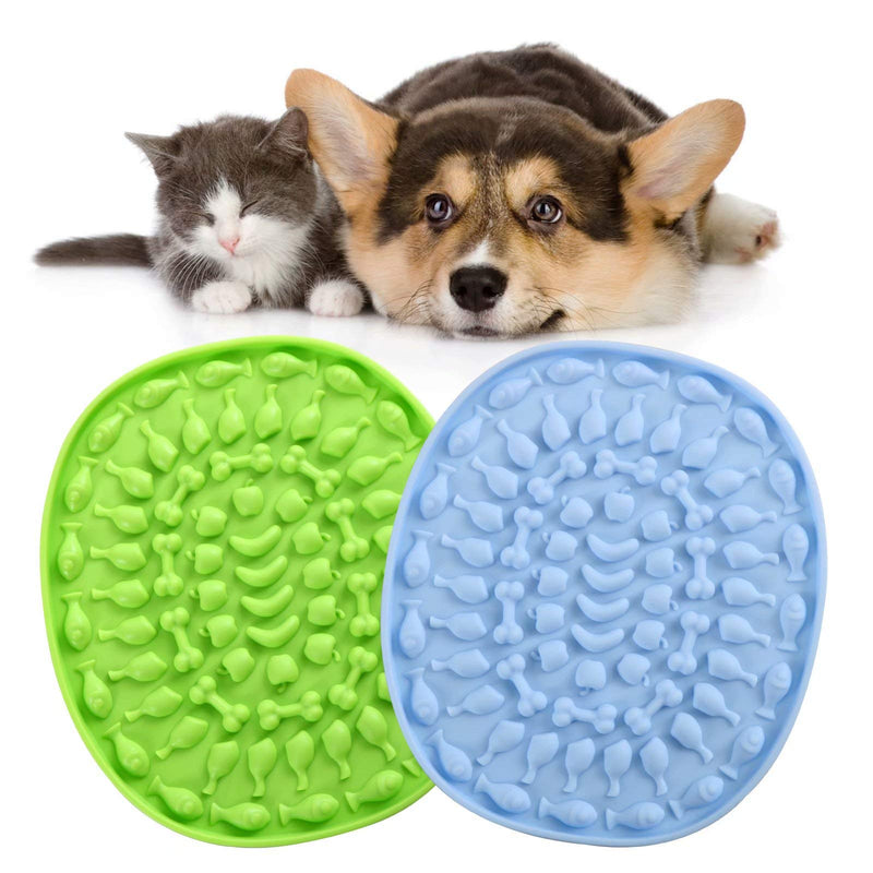 Dog Slow Feeder Mat - Relieve Anxiety and Help Dogs and Cats to Concentrate, Fun Alternative to a Slow Feed Dog Bowl, Dog Puzzle with Suction Cups, Healthy Feeder for Pet Showers(2 PCS Green & Blue) Green and Blue - PawsPlanet Australia