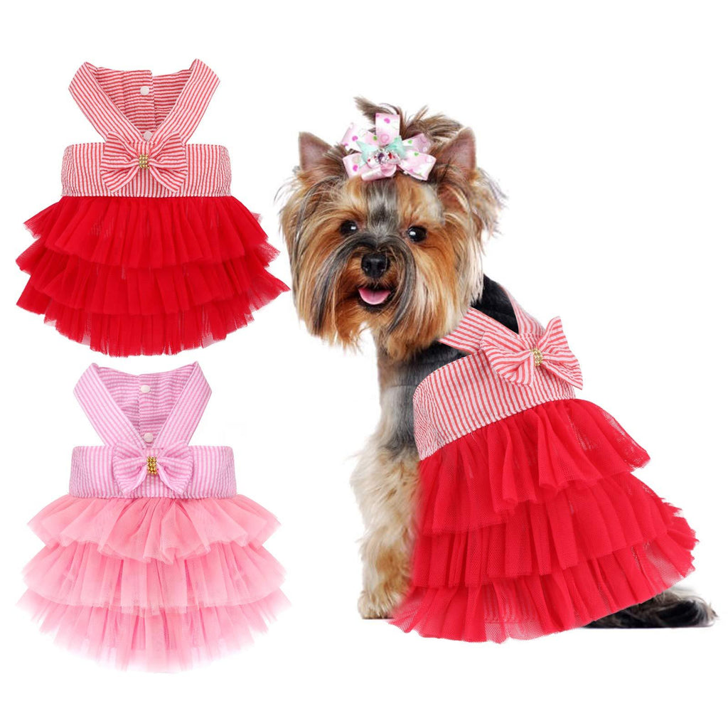 HYLYUN Puppy Dress 2 Packs -Striped Mesh Princess Dog Dress with Bowtie Puppy Tutu Dress for Small Dogs Girl Small (3-5 lbs) - PawsPlanet Australia