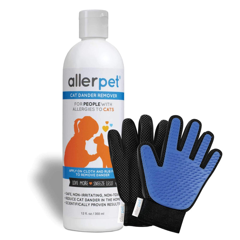 Allerpet Cat Dander Remover w/Free Pair of Grooming Gloves - Effective Cat Allergy Relief, Anti Allergen Solution Made in USA - (12oz) - PawsPlanet Australia