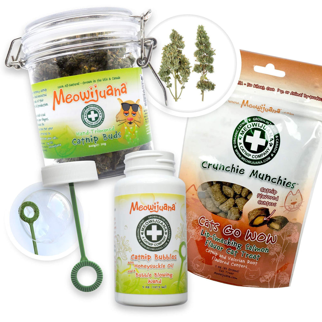 Meowijuana | Catatonic Bundle | Salmon Crunchie Munchies, Jar of Catnip Buds, and Catnip Bubbles | Organic | Grown in The USA | Promotes Play and Cat Health | Feline and Cat Lover Approved - PawsPlanet Australia