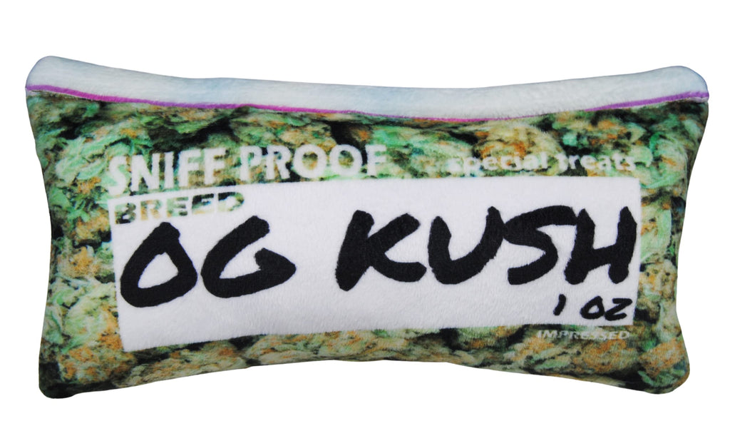 Bag-O-Weed OG Kush Ounce of Weed Parody Zip Bag - Plush Dog Toy with Squeaker- Funny Print Pet Chew Toy Gift for Small Medium and Large Dogs - PawsPlanet Australia