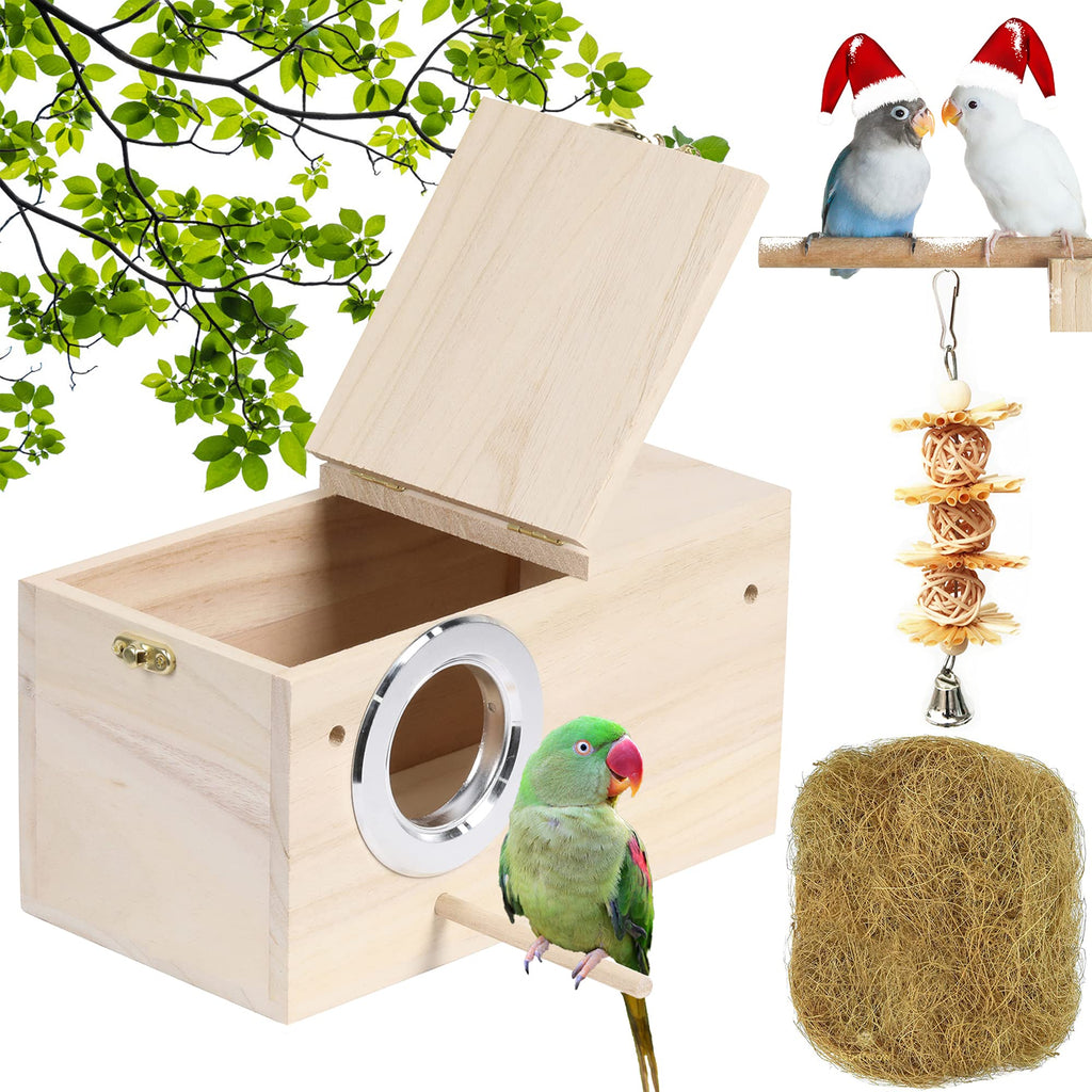 PETWAKEY-ST Birds Breeding Box,Wooden Parakeet Nesting Box Cage House with Coconut Fiber for Cockatiel Lovebirds Budgie Finch Canary (9.7”x5.1”x5.1”) - PawsPlanet Australia
