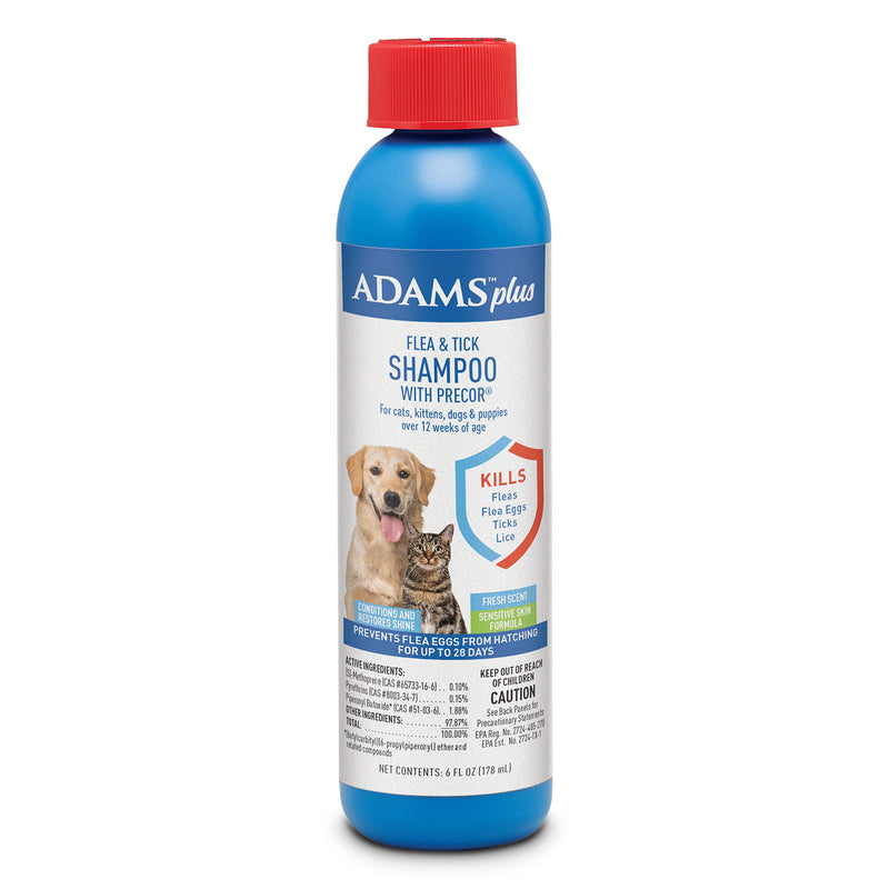 Adams Plus Flea & Tick Shampoo with Precor for Cats, Kittens, Dogs & Puppies Over 12 Weeks Of Age | Sensitive Skin Flea Treatment for Dogs & Cats | Kills Adult Fleas, Flea Eggs, Ticks, and Lice | 6 Oz - PawsPlanet Australia
