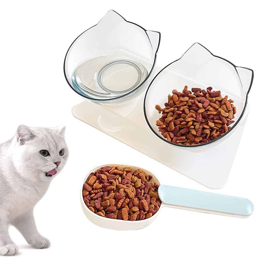 JASZSET Cat Bowls, 15°Tilted Cat Food Bowl Double Raised Cat Feeding Bowl Double Dishes Water Feeder Raised with Stand, Cat Feeder Pet Feeding Bowls with Food Scoop for Cats and Small Dogs - PawsPlanet Australia