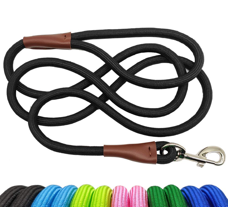 BTINESFUL Heavy Duty Rope Dog Leash 5FT/ 8FT/10FT | Climbing Rope Leash with Premium Leather Connector Sturdy Silver Clasp | for Strong Small Medium Large Dogs 5' x 1/2" Black - PawsPlanet Australia