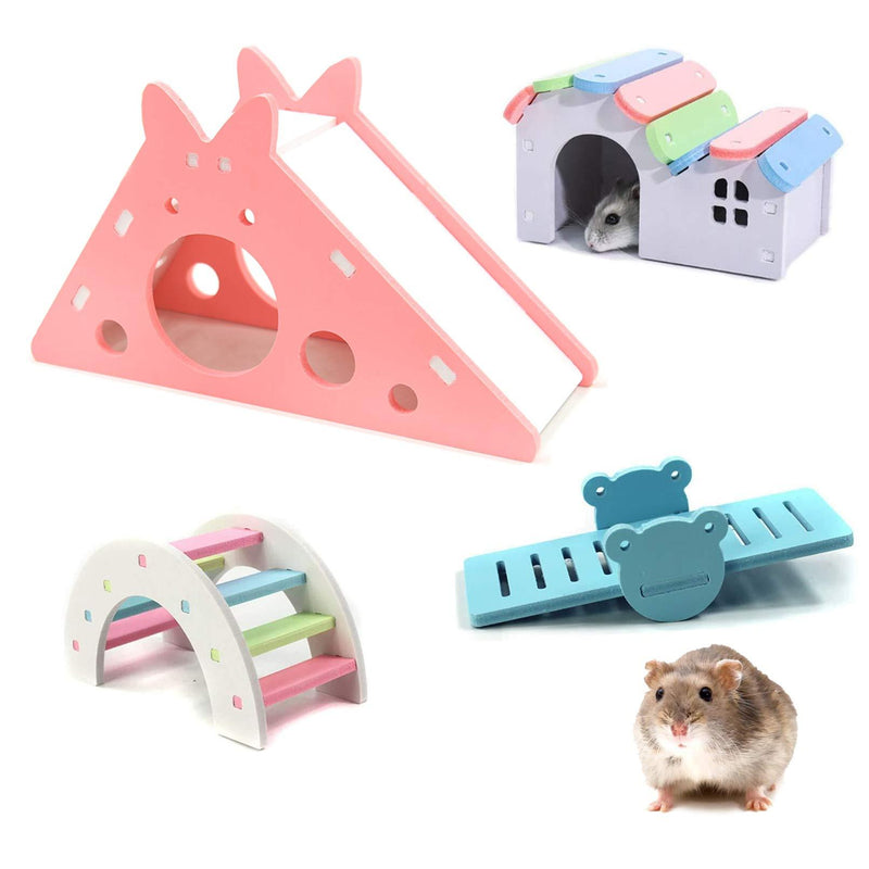 Hamiledyi Rainbow Hamster Toys, 4pcs DIY Dwarf Hamster Wooden House Small Pets Huts Bridge Climbing Sport Sliders Ladders with Seesaw Exercise Toys for Gerbils or Other Small Animals - PawsPlanet Australia