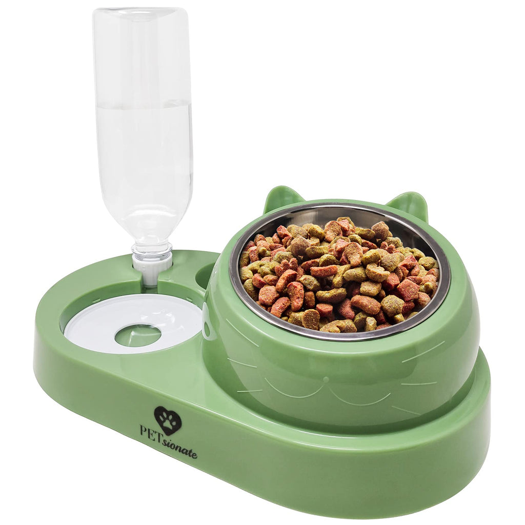 PETsionate Cat Food and Water Bowl Set - Cat Feeder and Water Dispenser Tilted - Gravity Cat Bowls for Food and Water - Automatic Dog and Cat Feeding & Watering Supplies – Elevated Cat Dish - 20oz Green - PawsPlanet Australia