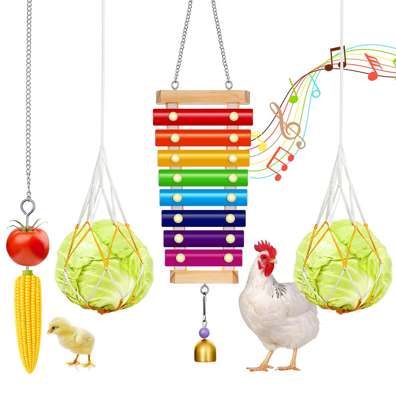 Woanger 4 Pieces Chicken Toys Xylophone Toy and Chicken Veggies Skewer Fruit Holder, Wood Xylophone Toys for Hens, Vegetable Hanging Feeder for Chicken - PawsPlanet Australia