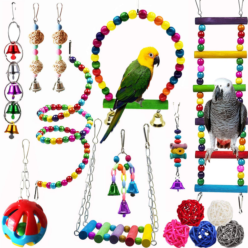 Hamiledyi Bird Parrot Swing Chewing Toy Set 15PCS Wooden Hanging Bell with Hammock Climbing Ladders Colorful Pet Birds Cage Toys for Small Parakeet Cockatiel Conures Finches Budgie Macaws Love Birds - PawsPlanet Australia