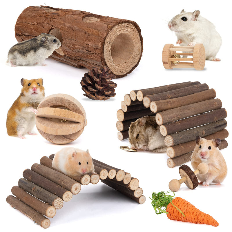Sofier Hamster Toys and Accessories 8 Pack Hamster Chew Toys for Teeth Natural Wooden Ladder Bridges Hamster Hideout Tube Small Animal Toys for Rat Dwarf Hamster Parrot Gerbil - PawsPlanet Australia