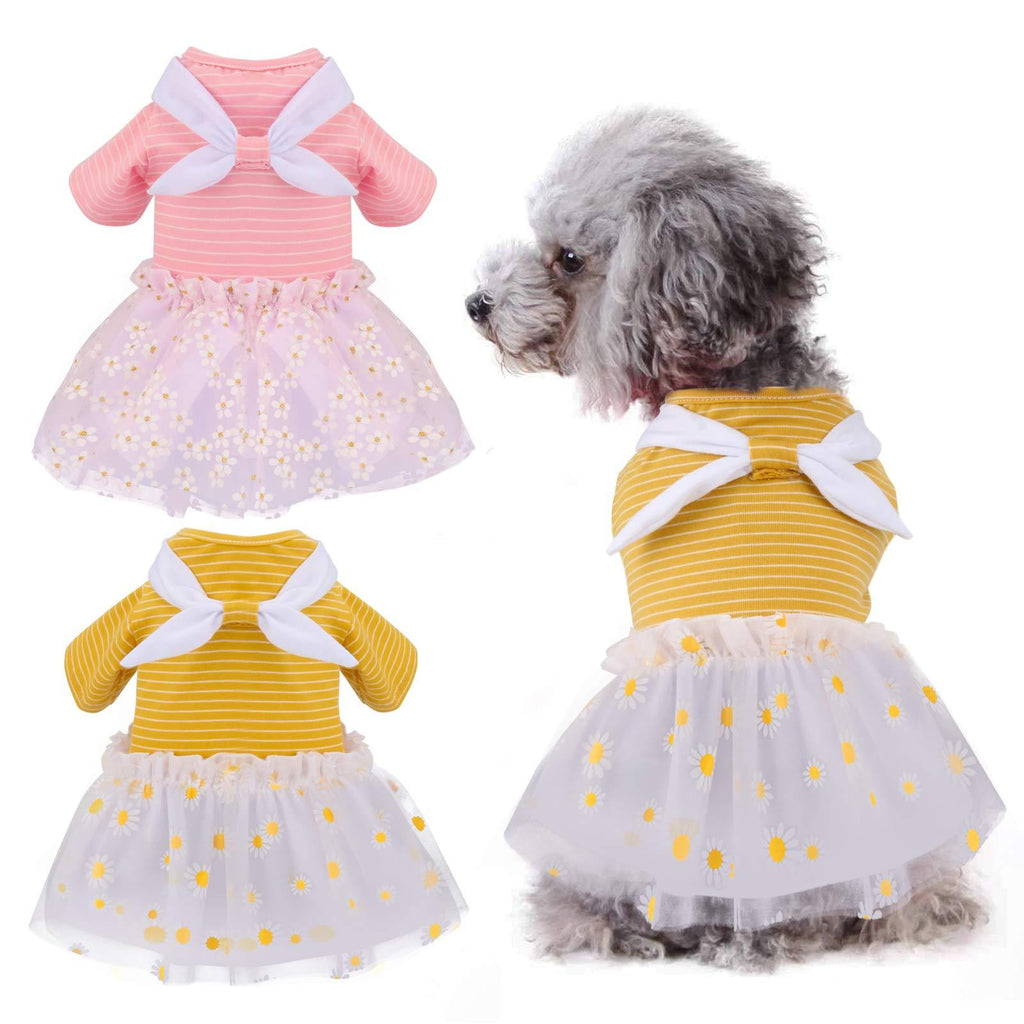 HYLYUN Small Dog Princess Dress 2 Pieces - 100% Cotton Striped Girl Puppy Dresses with Bowtie Puppy Tutu Dress for Small Dogs Girl Cats Small (2-4 lbs) - PawsPlanet Australia