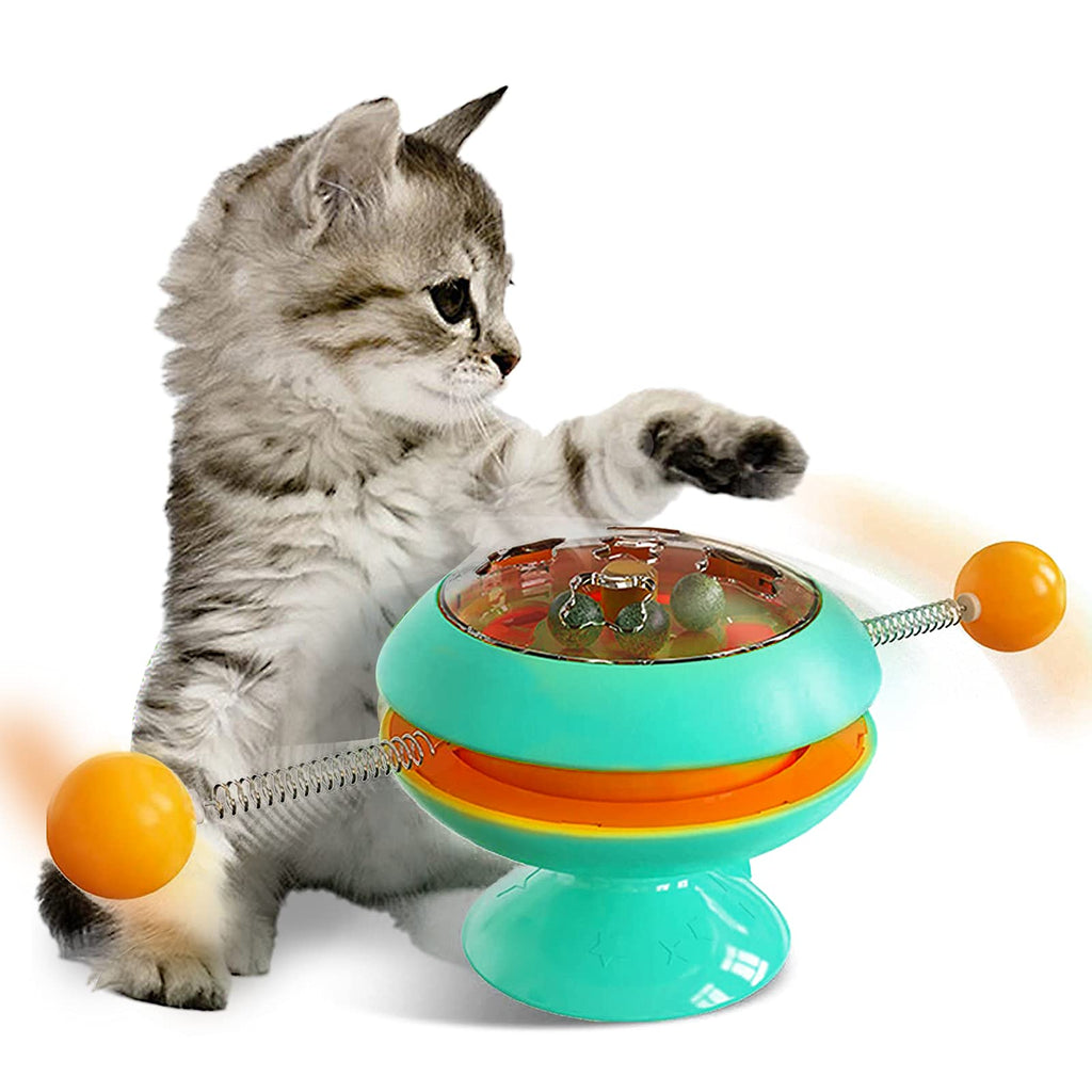 LIFEBEAUTY Interactive Cat Catnip Toys, Funny Kitten Turntable Toys with Strong Suction Cup, Windmill Spring Cat Toy Balls for Indoor Cats Blue - PawsPlanet Australia