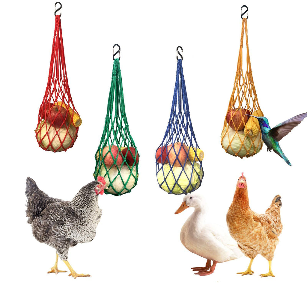 4PCS Chicken Vegetable String Bag, Poultry Fruit Holder Chicken Cabbage Feeder Treat Feeding Tool with Hook for Hens Chicken Coop Toy for Hen Goose Duck Large Birds (Red+Yellow+Green+Blue) Red+Yellow+Green+Blue - PawsPlanet Australia