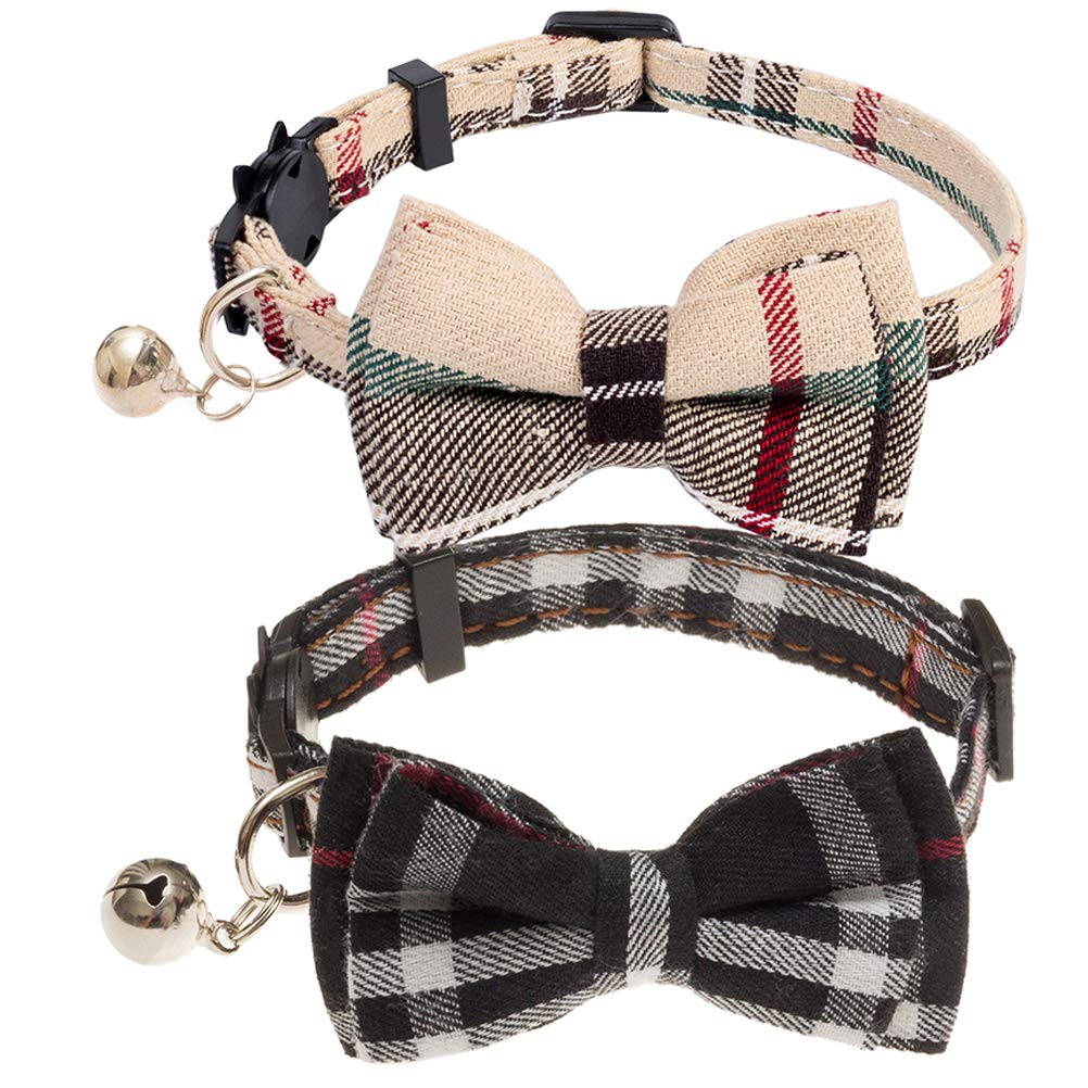 OFPUPPY Bowtie Cat Breakaway Collars with Bell- 2 Packs Classic Plaid Cat Safety Collars with Cute Bow, Adjustable for Kitty Puppy Beige & Black - PawsPlanet Australia