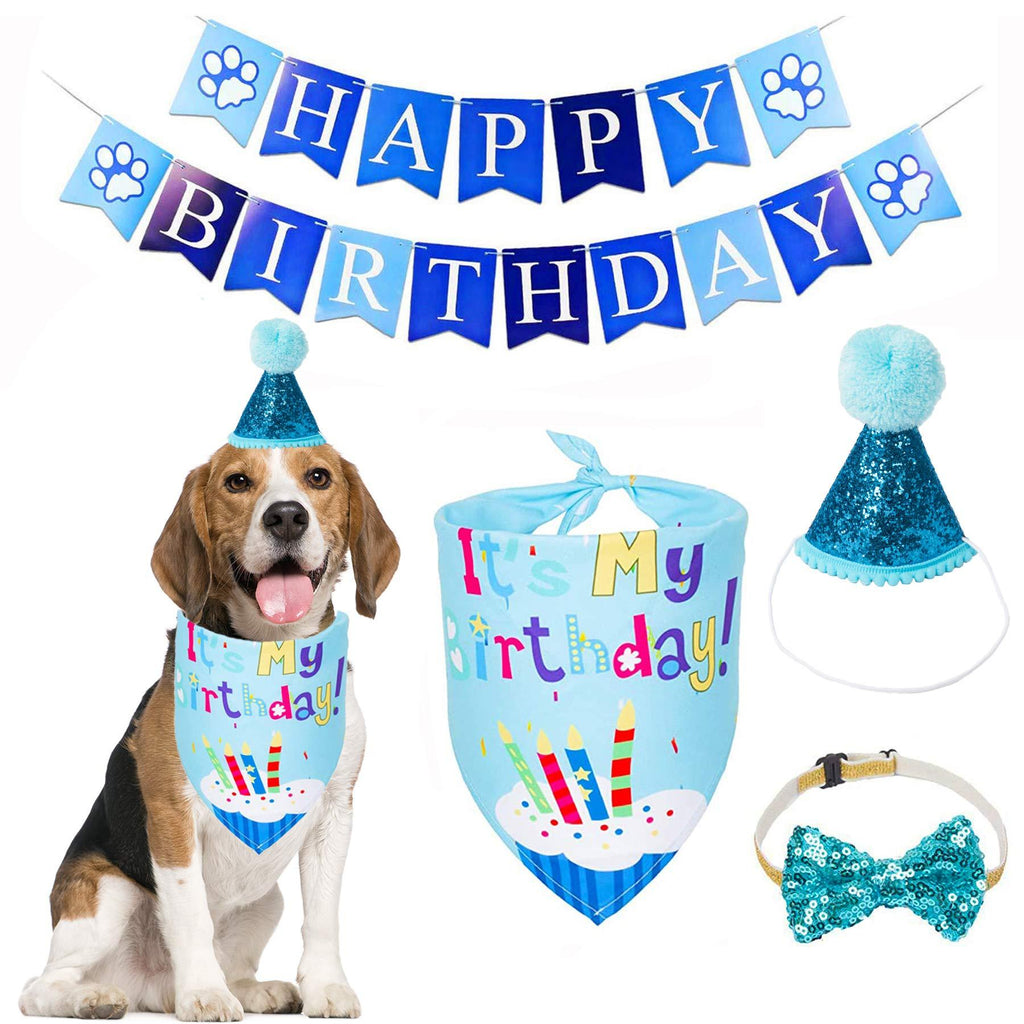 Dog Birthday Bandana Set, Dog Birthday Party Supplies, Birthday Boy Dog Bandana Hat Dog Bow Tie Happy Birthday Banner Dog Boy First Birthday Outfit (Blue) Blue - PawsPlanet Australia