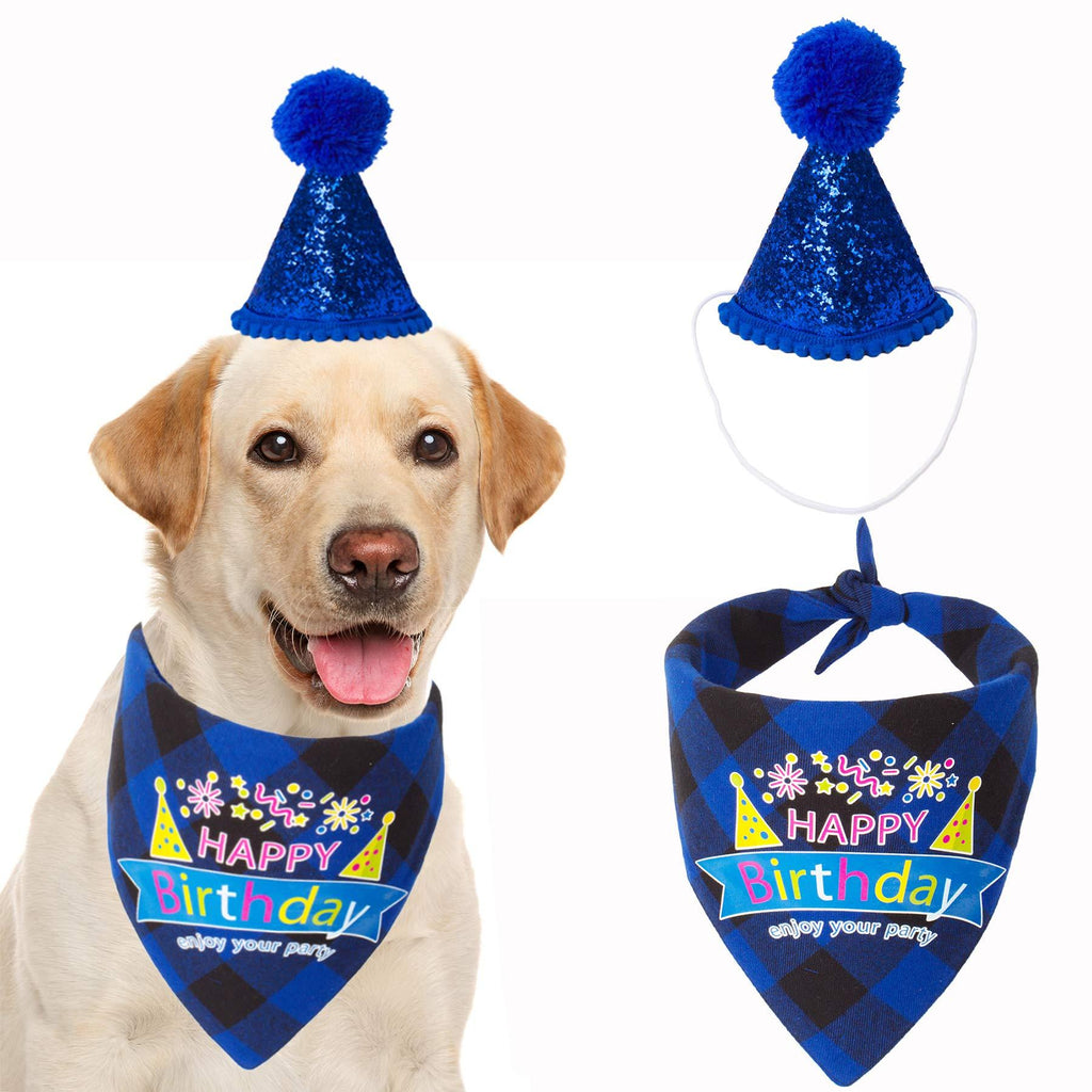 Dog Birthday Boy Bandana Hat Set, Dog Birthday Party Supplies, Plaid Birthday Dog Bandana and Cute Dog Birthday Hat for Small Medium Large Dogs (Blue) Blue - PawsPlanet Australia