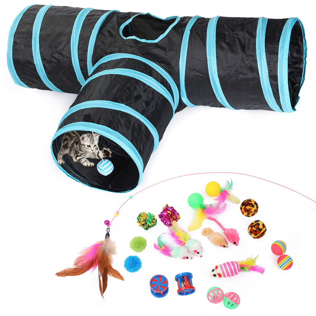 21PCS Cat Kitten Tunnel, Cat Tunnel for Indoor Cats, 3 Way Tube Cat Tunnel Toy, Interactive Toy Includes Kitty Tunnel Great for Cat, Kitten, Rabbit, Small Pets Blue - PawsPlanet Australia