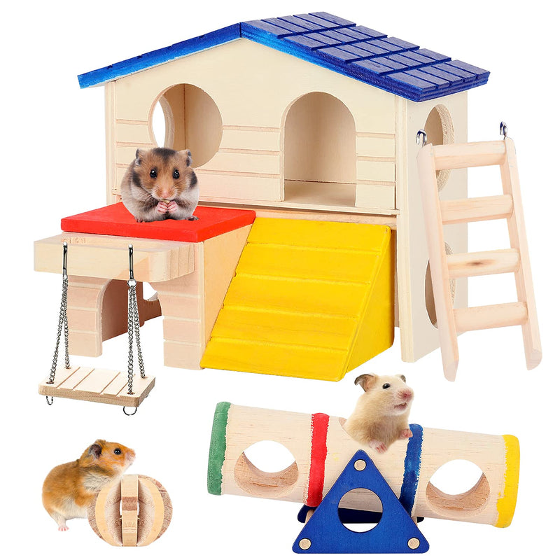 HWONMTE Hamster Toys House 5 Pack Small Animal Hideout Hamsters Climbing Ladder Brige Wooden Hollow Tree Trunk Guinea Pig Chew Toy for Chinchillas Rat Mouse - PawsPlanet Australia