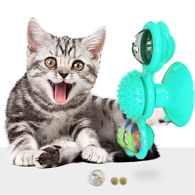 Yimoloyo Windmill Cat Toy for Indoor Cats, Interactive Cat Catnip Toy Cat Toothbrush Hair Brush Turntable Message Scratching Tickle Kitty Toys with Strong Suction Cup LED Light/Catnip Balls Blue - PawsPlanet Australia