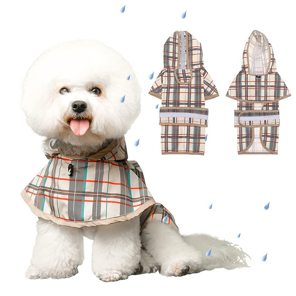BINGPET Plaid Dog Raincoat - Hooded Waterproof Pet Poncho with Reflective Strap, Lightweight Dog Rain Coat Jacket with Leash Hole, Fit for Small Medium Dogs Beige - PawsPlanet Australia