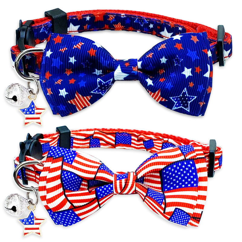 Pohshido 2 Pack 4th of July Cat Collar with Bow Tie and Bell, USA Independence Day Patriotic Kitty Kitten Collar for Male Female Boys and Girls Cats Freedom Stars/Old Glory - PawsPlanet Australia