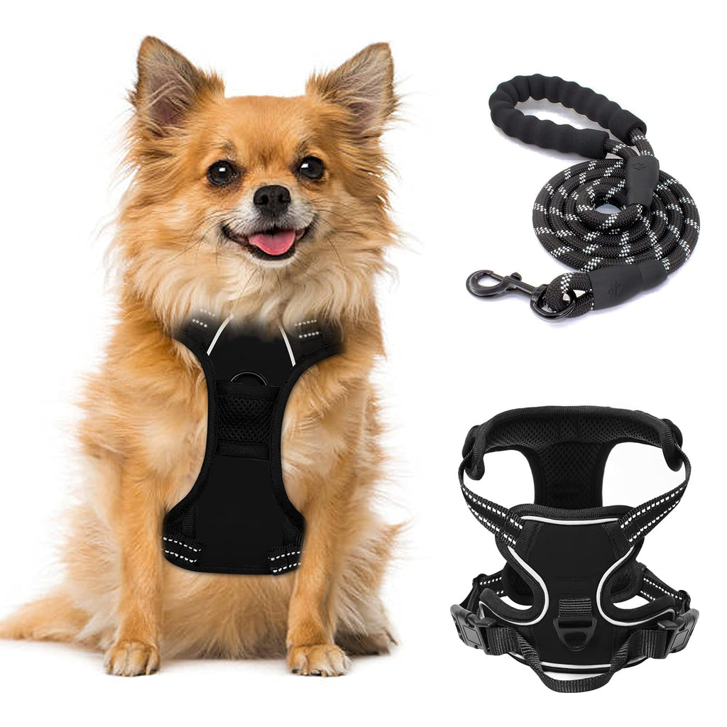 MIEMIE No Pull Dog Harness and Leash Set with 2 Leash Clips for Small Dogs, No Choke Adjustable Breathable Soft Padded Dog Vest Harness, Reflective pet Harness with Easy Control Handle Black - PawsPlanet Australia